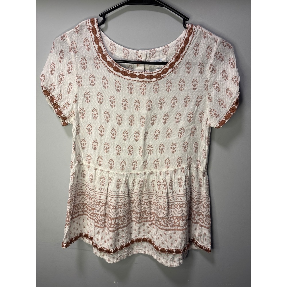 Sigrid Olsen Womens Modal Peplum Top Boho Floral Embroidered White Terracotta‎